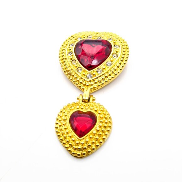 Red Double Heart Articulated Brooch, Victoria Secret Crystal and Granulated - Picture 2 of 3